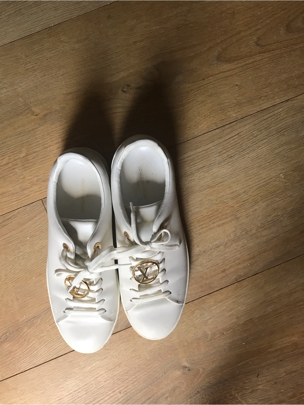 Louis Vuitton White Leather Sneakers with Gold LV Medallions - Picture 2 of 9